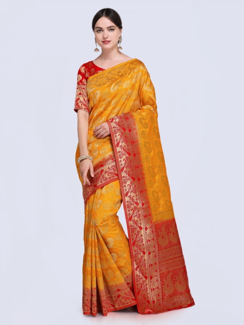 

Saree mall Mustard & Red Woven Design Kanjeevaram Saree