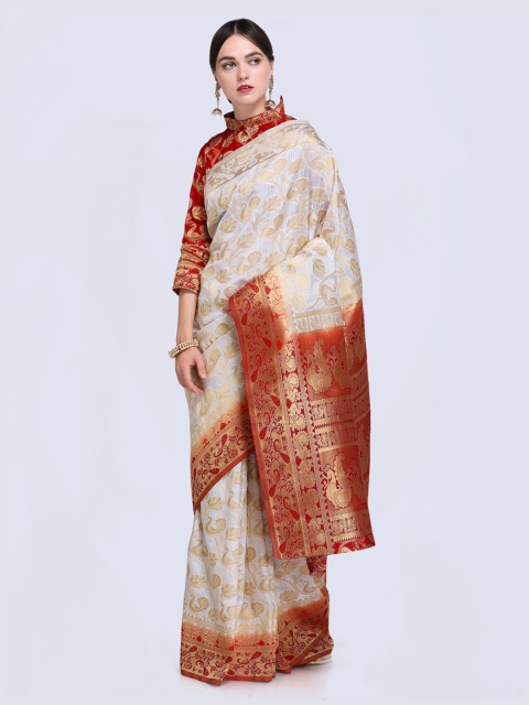 

Saree mall Cream-Coloured & Red Silk Blend Woven Design Kanjeevaram Saree