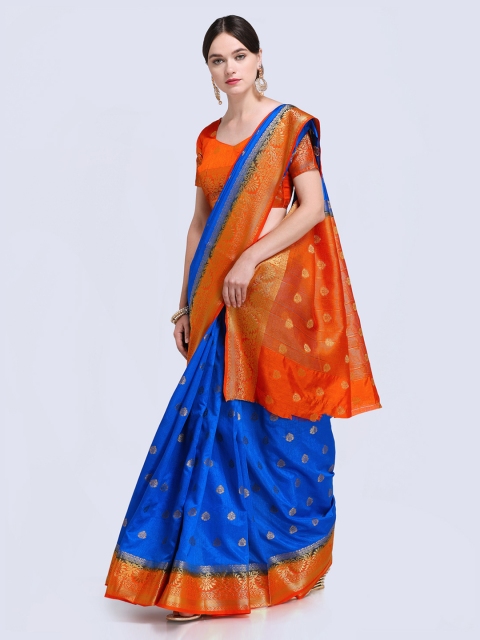 

Saree mall Blue & Orange Silk Blend Woven Design Kanjeevaram Saree