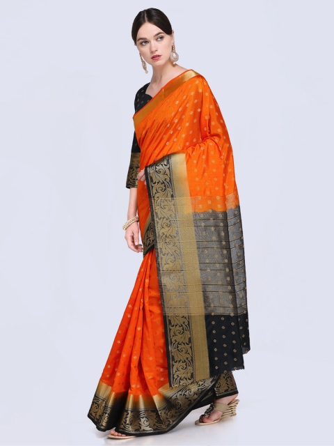 

Saree mall Orange & Black Silk Blend Woven Design Kanjeevaram Saree