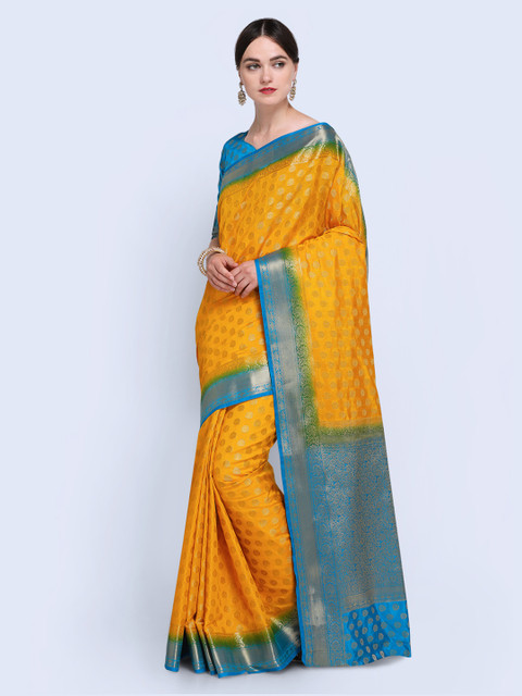 

Saree mall Mustard & Blue Woven Design Kanjeevaram Saree