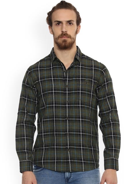 

Mufti Men Olive Green Slim Fit Checked Casual Shirt