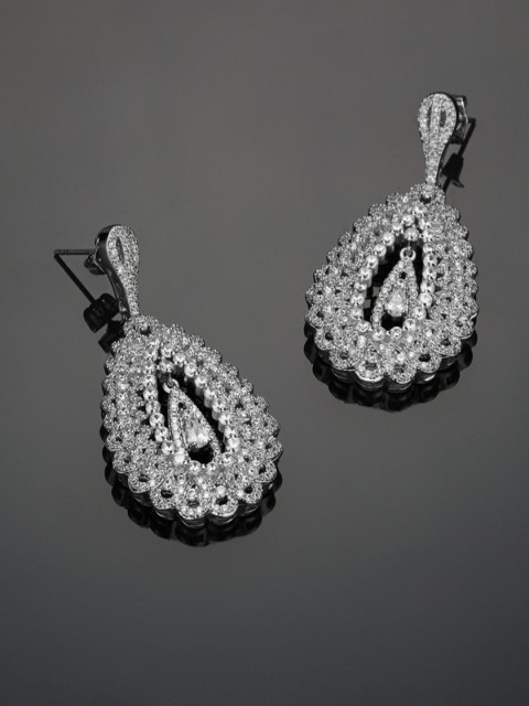 

shaze Silver-Toned Teardrop Shaped Antique Drop Earrings