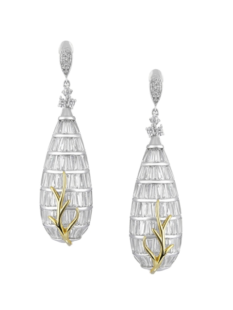 

shaze Silver & Gold-Toned Circular Silver-Plated Drop Earrings