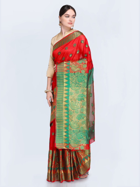 

Satrani Red & Green Woven Design Saree