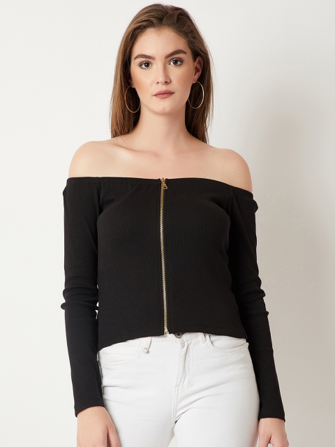 

Miss Chase Women Black Solid Bardot Pure Cotton Top