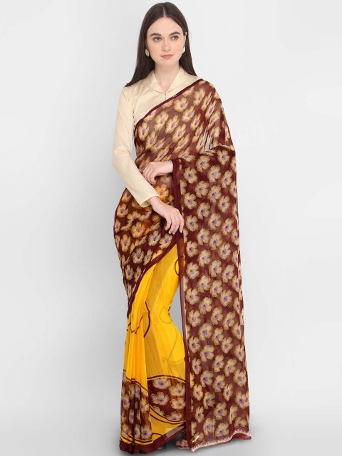 

Ligalz Coffee Brown & Yellow Printed Half-And-Half Saree