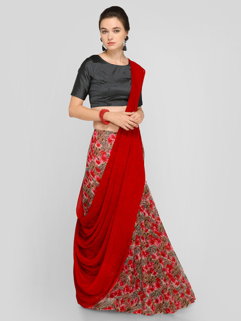 

Ligalz Red & Black Printed Half-And-Half Saree