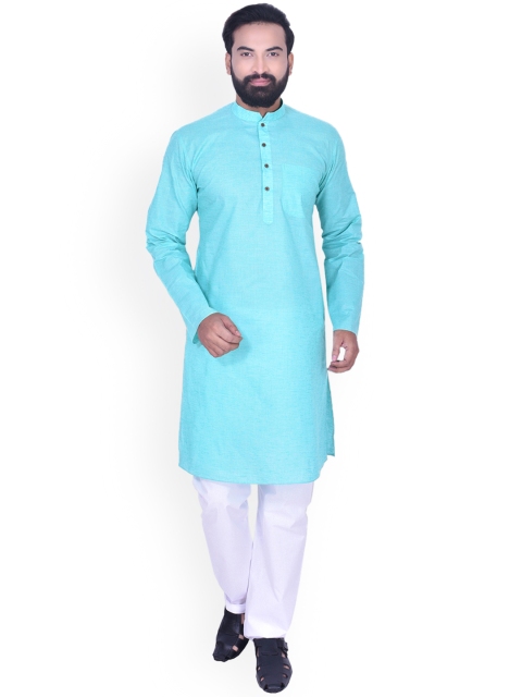 

Manyavar Men Turquoise Blue Solid Straight Kurta