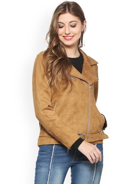 

People Women Beige Solid Biker Jacket