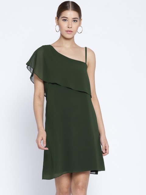 

sassystripes Women Green Solid One-Shoulder Layered A-Line Dress
