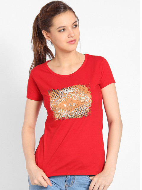 

Tantra Women Red Printed Round Neck T-shirt