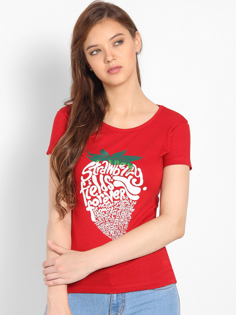 

Tantra Women Red Printed Round Neck T-shirt
