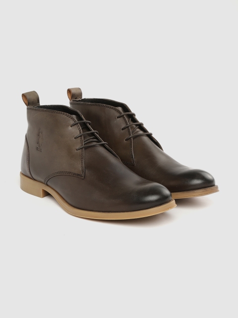 

U.S. Polo Assn. Men Coffee Brown Solid Leather Mid-Top Flat Boots, Olive