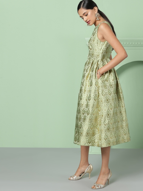 

House of Pataudi Women Green & Gold-Coloured Self Design Fit and Flare Dress