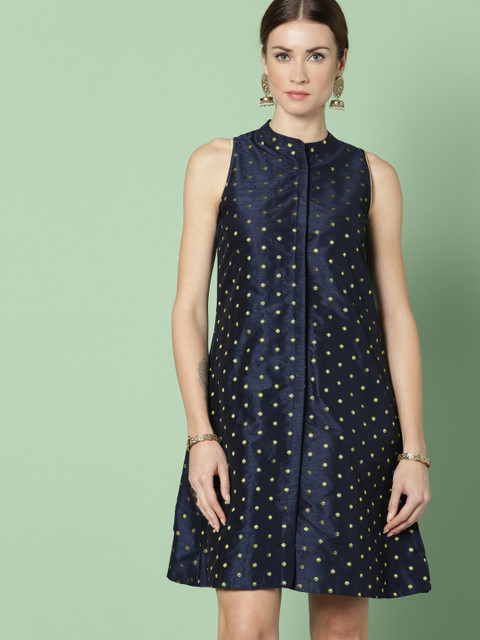 

House of Pataudi Women Navy Blue Printed A-Line Ethnic Dress