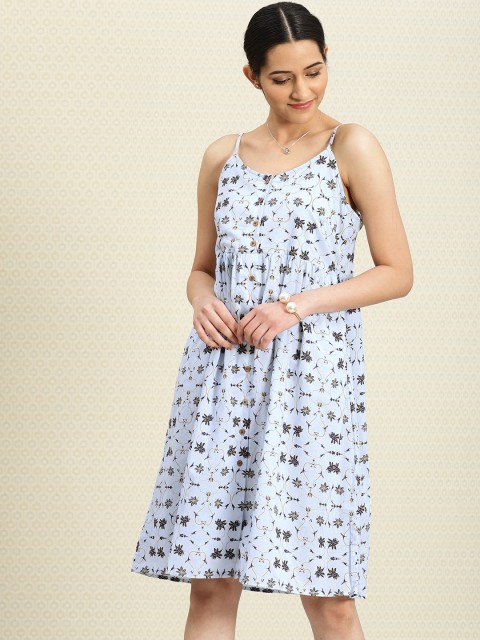 

House of Pataudi Women Blue Printed A-Line Dress
