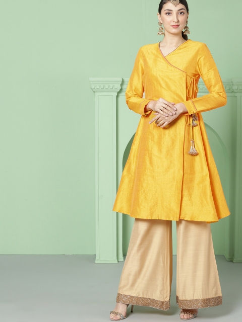 

House of Pataudi Women Yellow Solid A-Line Kurta