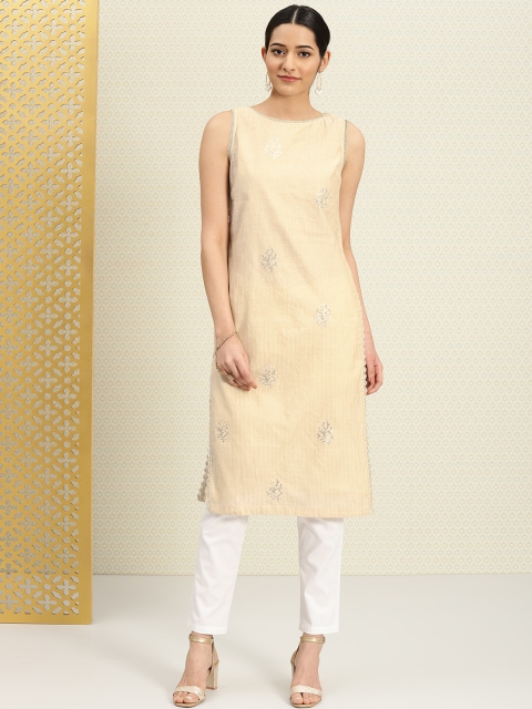 

House of Pataudi Women Beige Self-Striped Straight Kurta with Sequin Emroidery