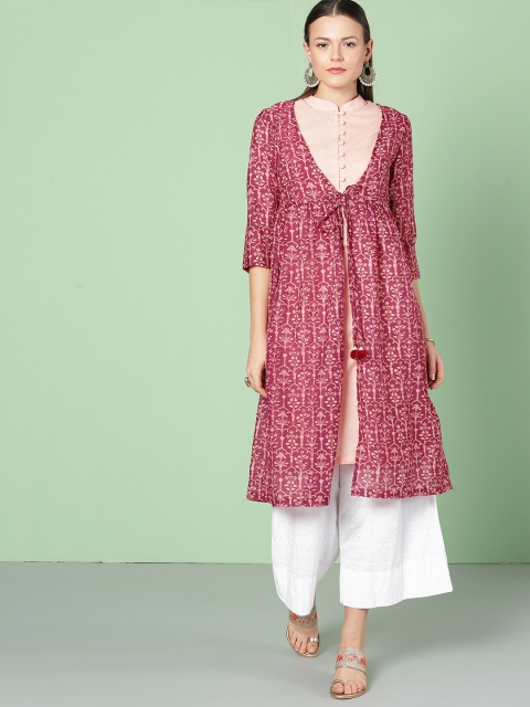 

House of Pataudi Women Burgundy & Pink Printed A-Line Layered Kurta