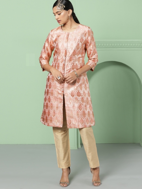 

House of Pataudi Women Pink & Gold-Toned Woven Design A-Line Kurta