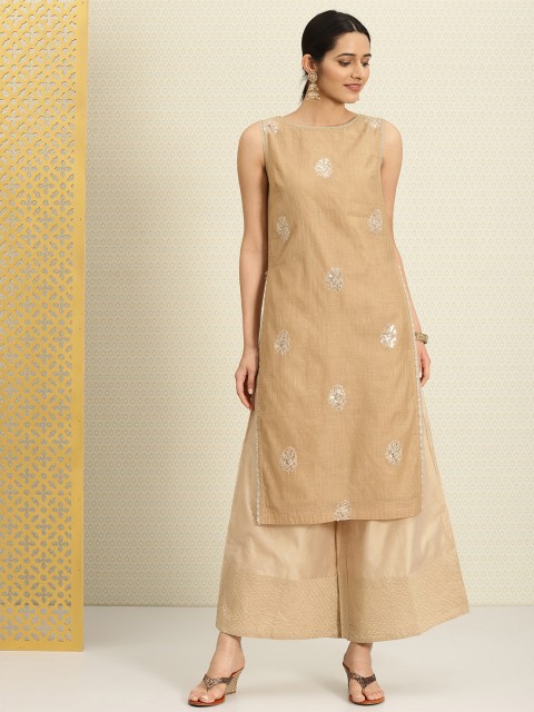 

House of Pataudi Women Beige Woven Design Straight Kurta