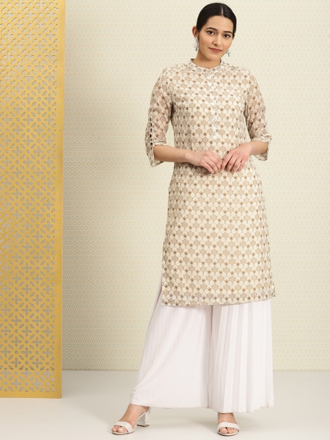 

House of Pataudi Women Off-White Printed Straight Kurta