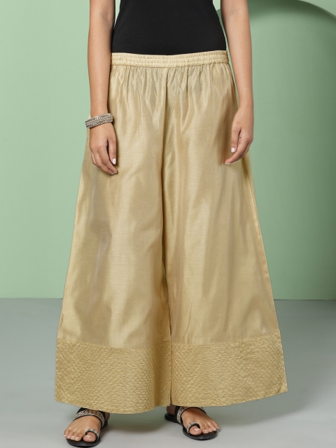 

House of Pataudi Women Beige Flared Solid Palazzos