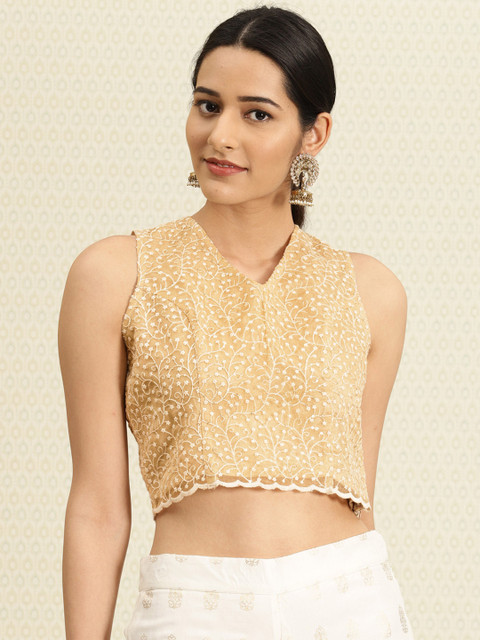 

House of Pataudi Women Beige Embroidered Crop Top