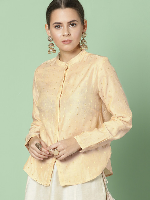 

House of Pataudi Women Beige Self Design Ethnic Shirt Style Top