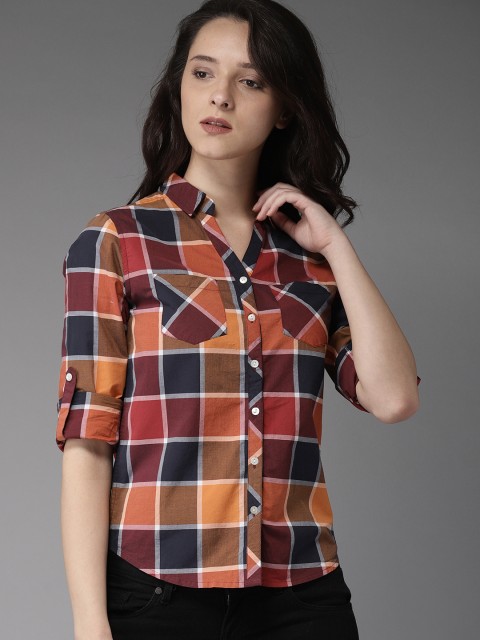 

HERE&NOW Women Navy Blue & Orange Regular Fit Checked Casual Shirt