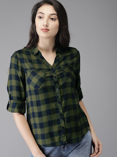 

HERE&NOW Women Olive Green & Navy Blue Checked Casual Shirt