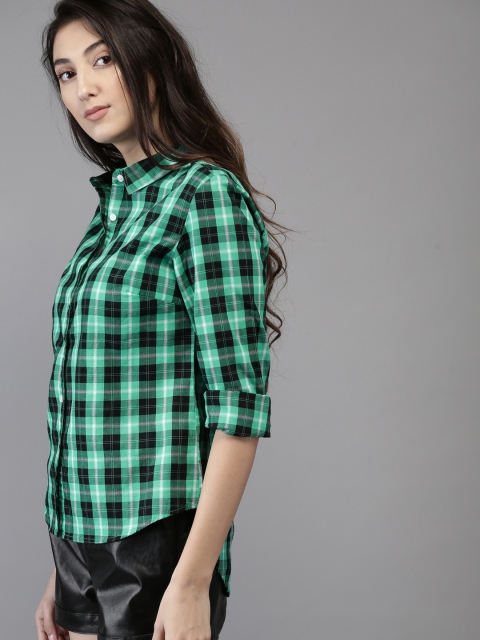 

HERE&NOW Women Torquoise Blue & Black Regular Fit Checked Casual High-Low Shirt, Turquoise blue