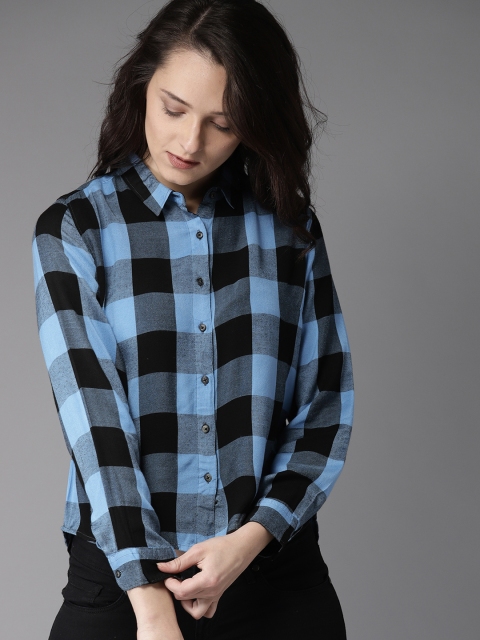 

HERE&NOW Women Blue & Black Regular Fit Checked Casual Shirt