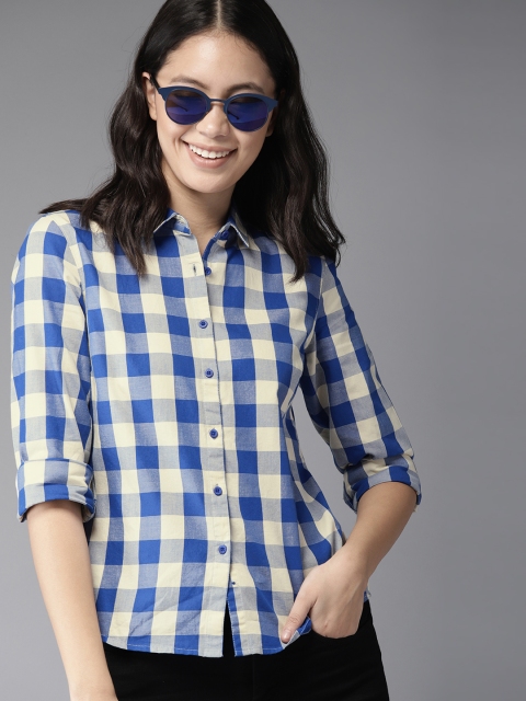 

HERE&NOW Women Blue & Cream-Coloured Regular Fit Checked Casual Shirt