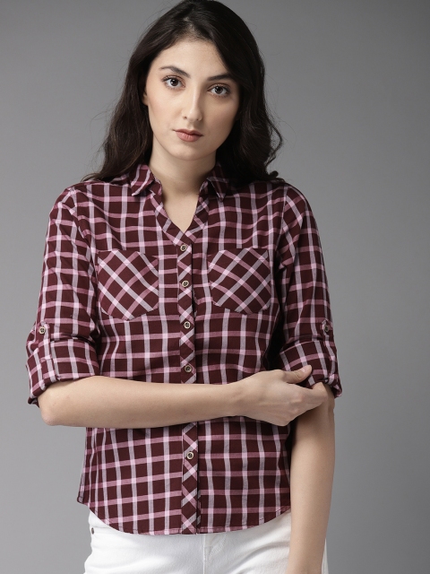 

HERE&NOW Women Burgundy & Pink Regular Fit Checked Casual Shirt