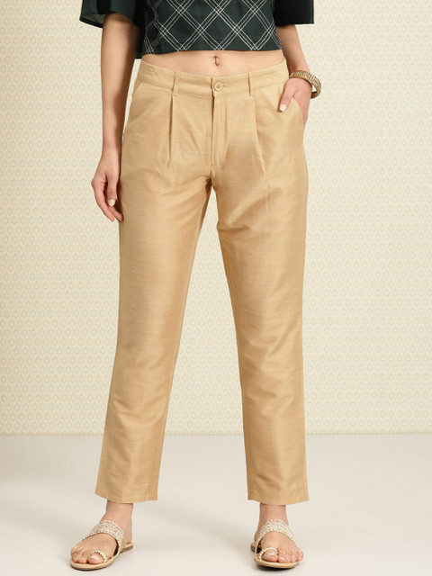 

House of Pataudi Women Beige Regular Fit Solid Regular Trousers