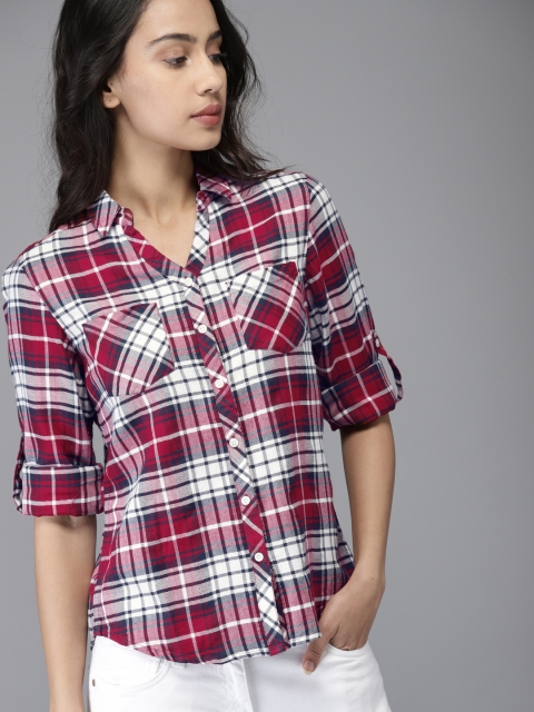 

Moda Rapido Women White & Maroon Regular Fit Checked Casual Shirt