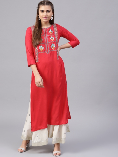 

Varanga Women Coral Red Embroidered Straight Kurta