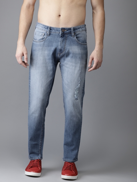 

HERE&NOW Men Blue Cropped Slim Tapered Fit Mid-Rise Low Distress Stretchable Jeans