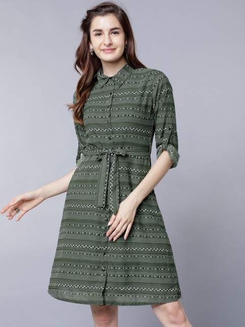

Tokyo Talkies Women Olive Green Printed Fit and Flare Dress