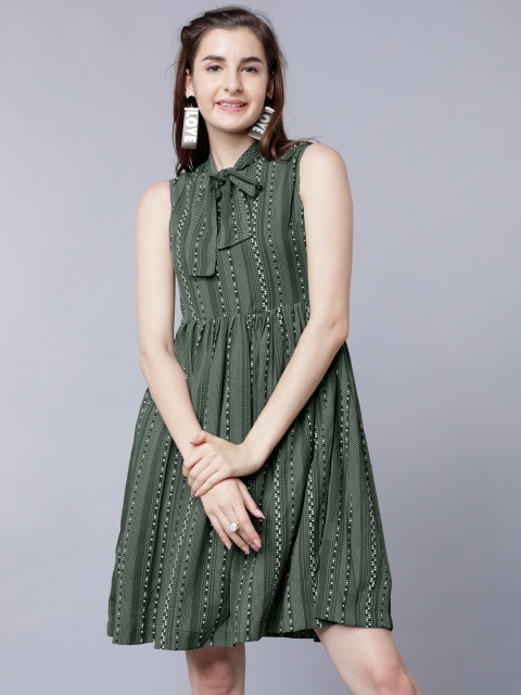 

Tokyo Talkies Women Olive Green Printed Fit and Flare Dress