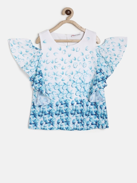 

Peppermint Girls Blue Printed Cold-Shoulder Fitted Top