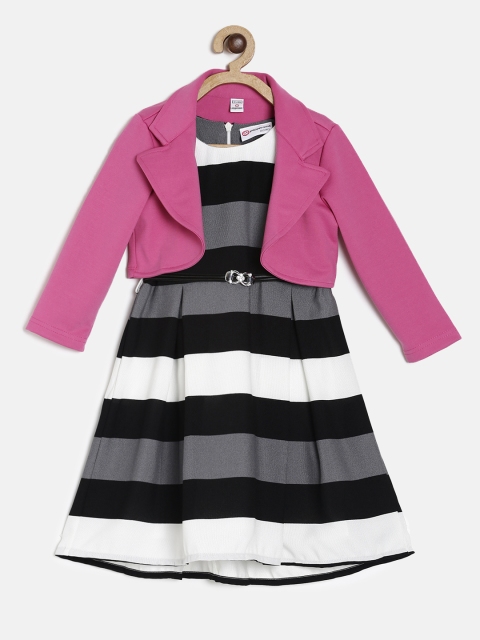 

Peppermint Girls Grey & White Striped A-Line Dress with Pink Crop Fitted Jacket