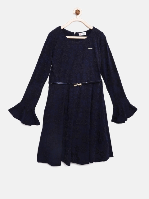 

Peppermint Girls Navy Blue MIDNIGHT BLOOM Self Design Fit and Flare Dress
