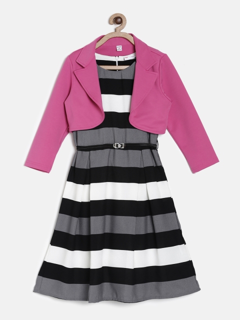 

Peppermint Girls Grey & White Striped Fit and Flare Dress with Pink Shrug