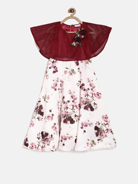 

Peppermint Girls White & Maroon Printed Cape Style A-Line Dress