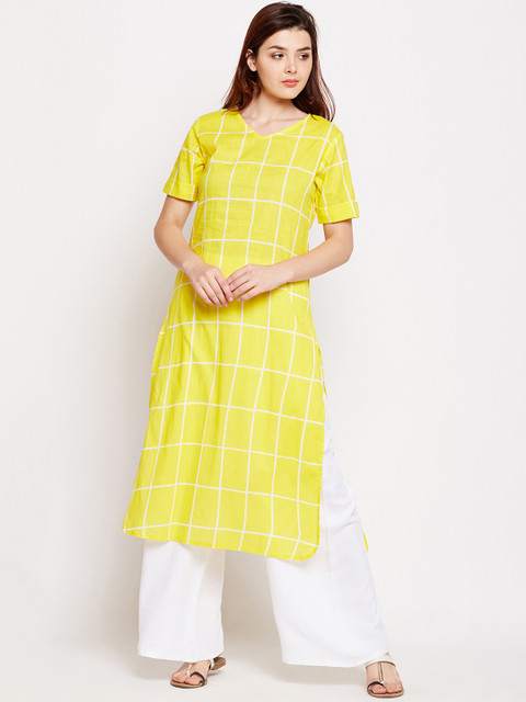 

Azira Women Yellow & White Checked Straight Kurta