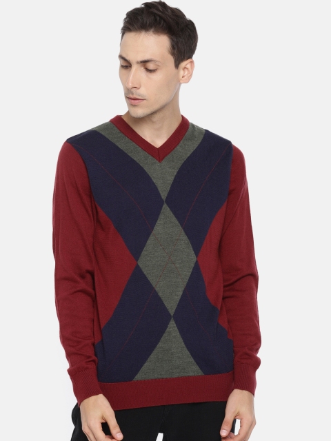 

Raymond Men Red & Navy Blue Colourblocked Pullover