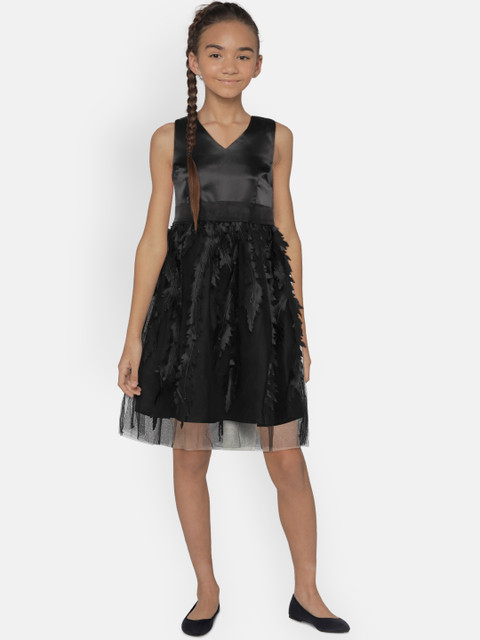 

YK Girls Black Self Design Fit and Flare Dress
